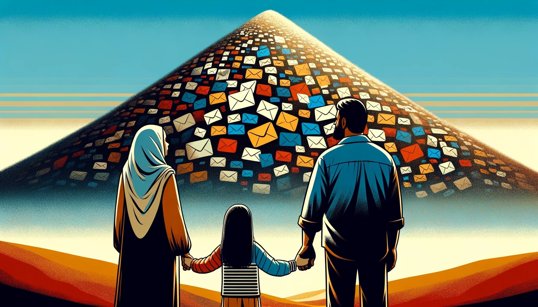 parents holding hands with their child in front of a mountain made of emails